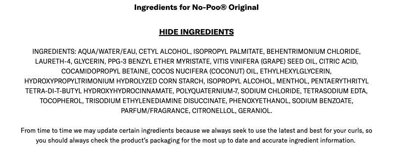 Ingredients list for No Poo original shampoo