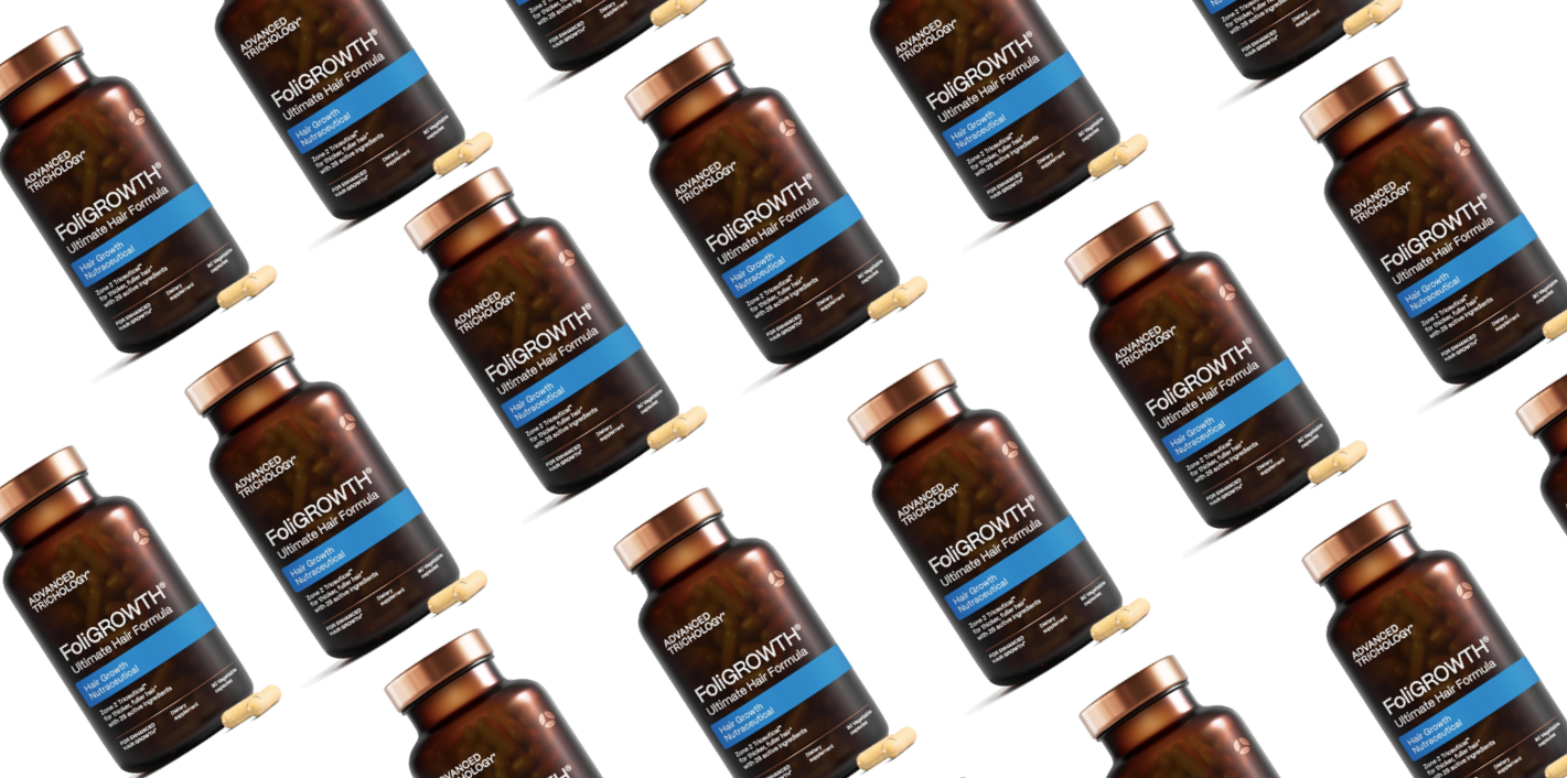 FoliGrowth Bottles laid out at an angle as used in article drawing comparison to Nutrafol as a cheaper alternative